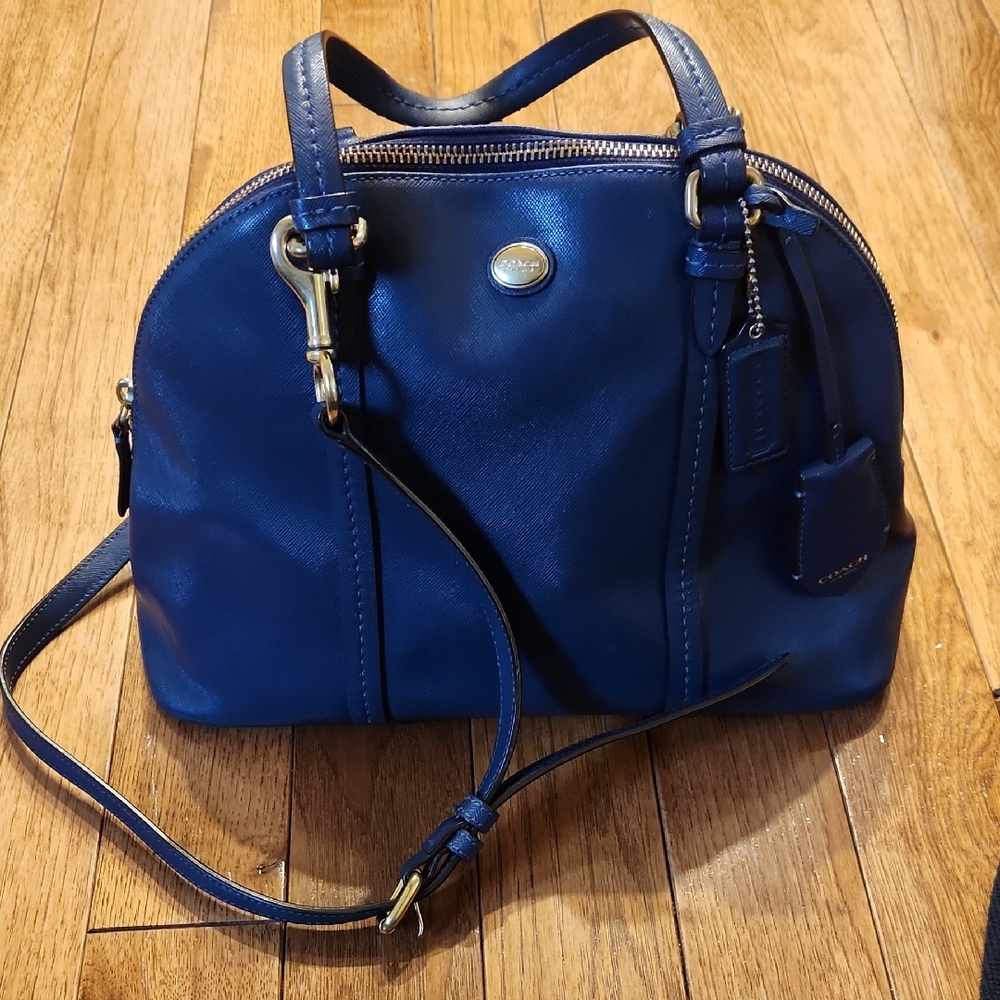 Coach Navy Blue Leather Dome Satchel with Crossbody Strap